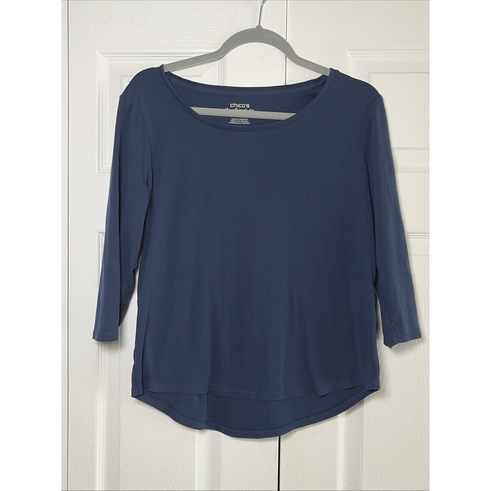 Chico's The Ultimate Tee Womens Size 1 M Blue 3/4 Sleeve Cotton Scoop Neck Top